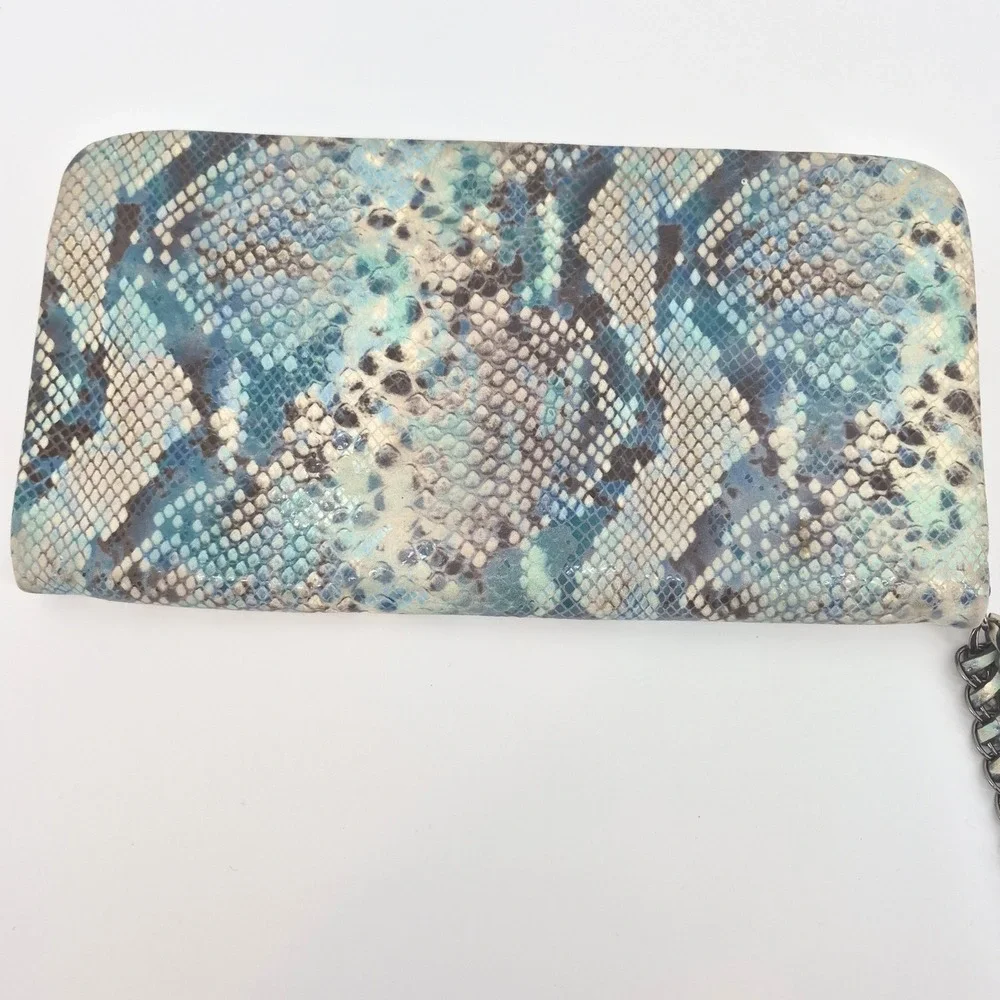 Bryany Blue Python Embossed‎ Wristlet Wallet Clutch Chain Strap Vegan Leather